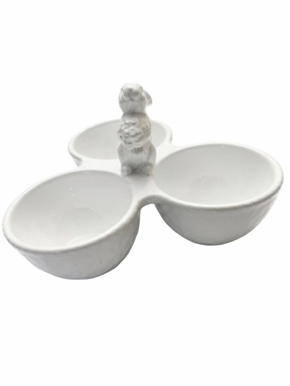 Easter Collection White Ceramic 3-Section Snack Server Bunny Handle
